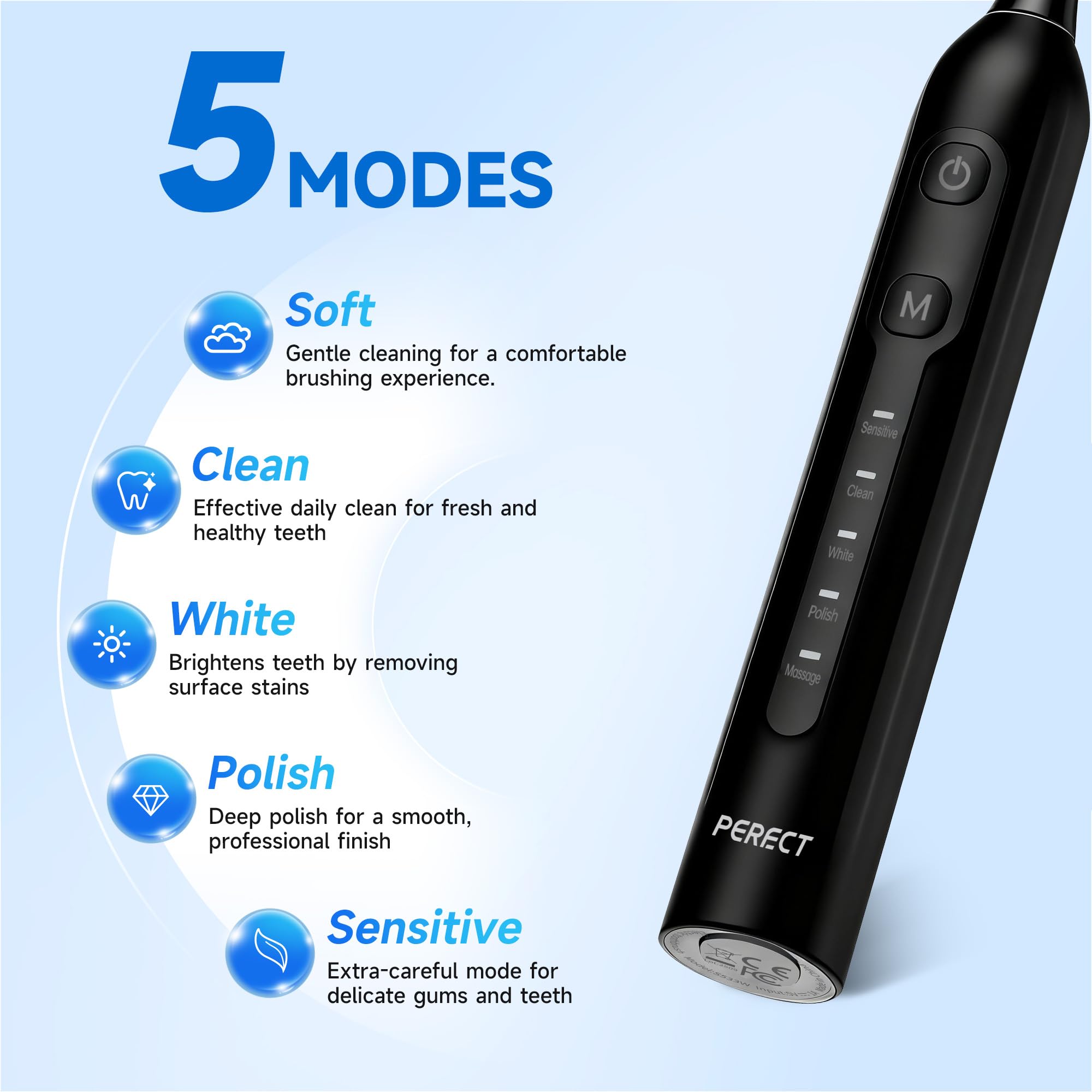 PERECT Electric Toothbrush for Adults, Rechargeable Sonic Electric Toothbrush with 6 Replacement Brush Heads, 1 Charge for 30 Days, 5 Modes 3 Intensities, Smart Timer (Black New)