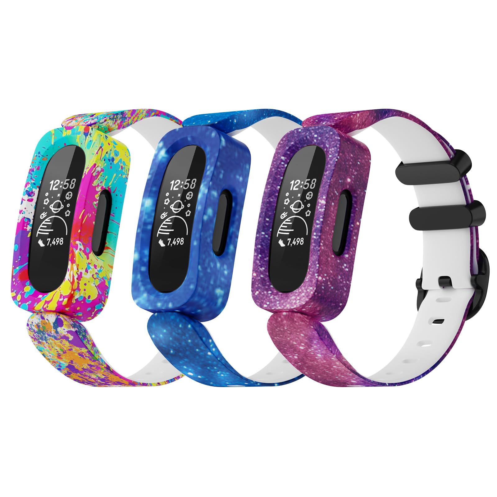 Tuocal 3 Pack Silicone Straps Compatible with Fitbit Ace 3 Strap/Fitbit Inspire 2 Strap for Kids, Cute Pattern Colorful Silicone Sport Adjustable Waterproof Replacement Wristband for Boys Girls