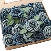 Floroom Artificial Flowers 25pcs Real Looking Dusty Blue Foam Fake Roses with Stems for DIY Wedding Bouquets Bridal Shower Floral Centerpieces Party Tables Decorations