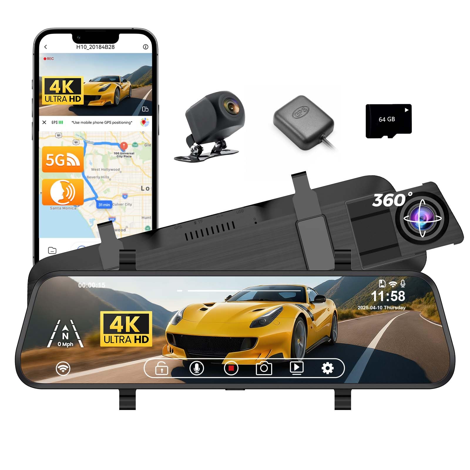 Photo 1 of Rear View Mirror Camera,Mirror Dash Cam Front and Rear,4K car Camera+1080P,10'' Touch Screen Backup Camera,5.8GHz WiFi Dash Camera for Cars,Night Vision,WDR,Parking Monitoring,Free 64GB Card & GPS