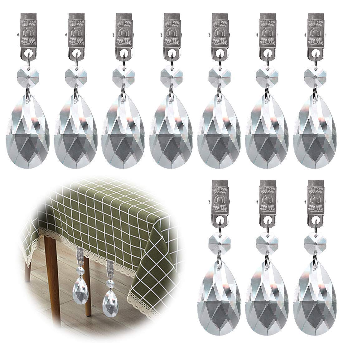 Glarks Tablecloth Weights Set, 10pcs Metal Clip AB Crystal Glass Teardrop Prisms Pendant Table Weights for Picnic Tables, Heavy Outdoor (Reticulated)