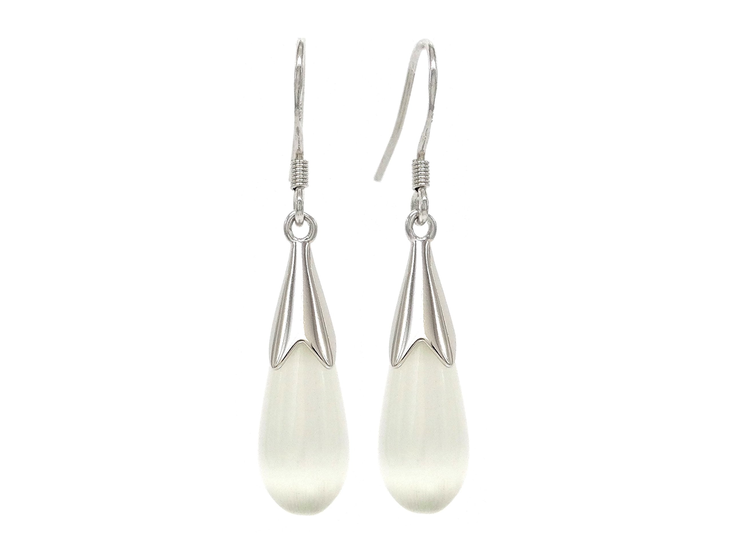 White moonstone drop earrings with genuine 925 sterling silver hook and black earrings gift box (White)
