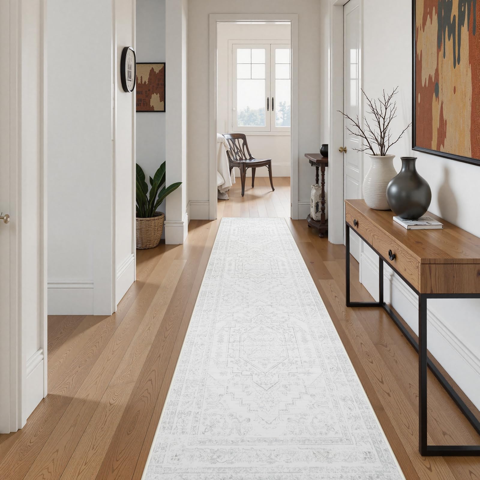 Photo 1 of Uphome Long Runners for Hallways, 2'6x12 Washable Boho Bedroom Runner Rug Non Slip, Modern Soft Entryway Runner Rugs Low Pile, Non Shedding Floor Carpet Runner for Hallway Kitchen, Light Grey