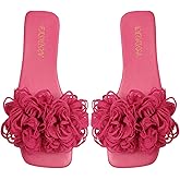 OYOANGLE Women's 3D Floral Flat Sandals Square Open Toe PU Leather Slip on Slides