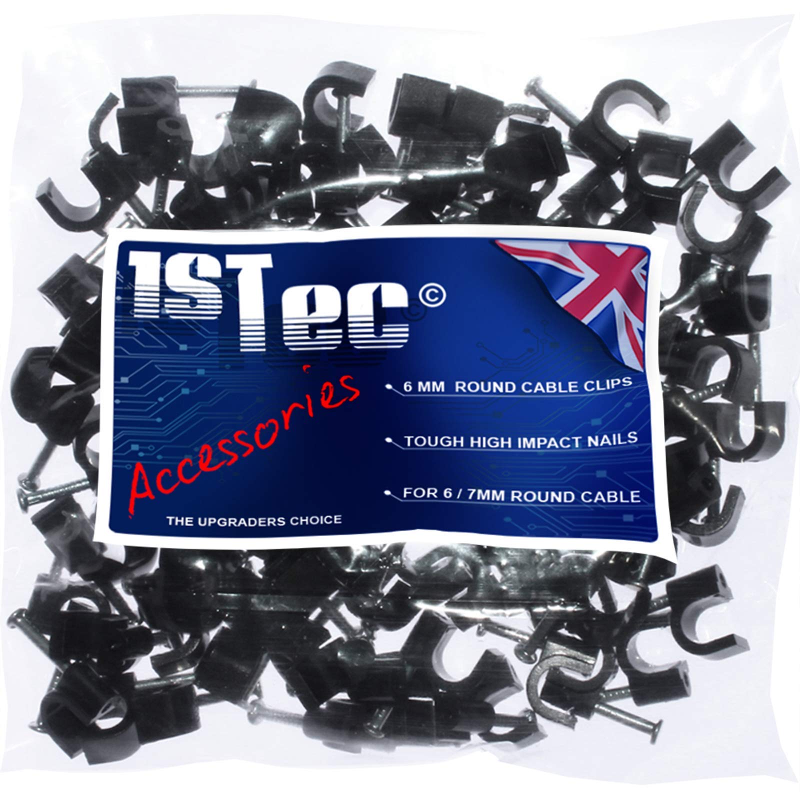 1STec 200 x 6mm Round Black Coax Clips Suitable for Indoor or Outdoor use on Plaster, Wood or Masonry with Hardened Nails to Pin or Tack RG6 RG7 CT100 or Webro WF100 Digital TV Cable Freesat Leads