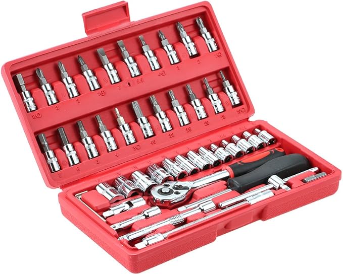 KKmoon 46pcs Drive Socket Spanner Wrench Set 1/4" Metric Extension Bar