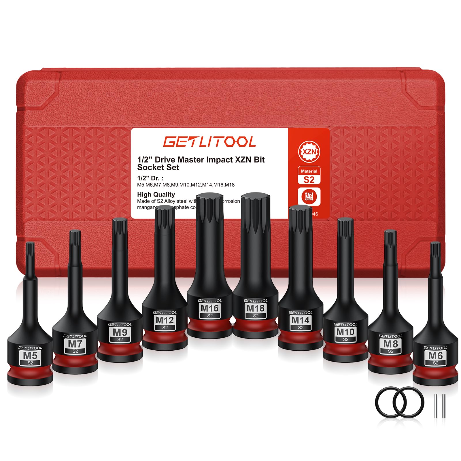 GETLITOOL 1/2" Kraft Vielzahn Bit Steckschlüssel Satz, 10tlg S2-Stahl Kraft XZN Bit Einsatz Satz M5-M18, Länge 78 mm Vielzahn Kraft Schlagschrauber Nüsse Satz Innenvielzahn für XZN 8