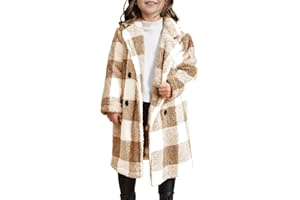 Meikulo Girls Plaid Fleece Jacket Kids Sherpa Long Winter Coats Lapel Fashion Outerwear 5-14 Years
