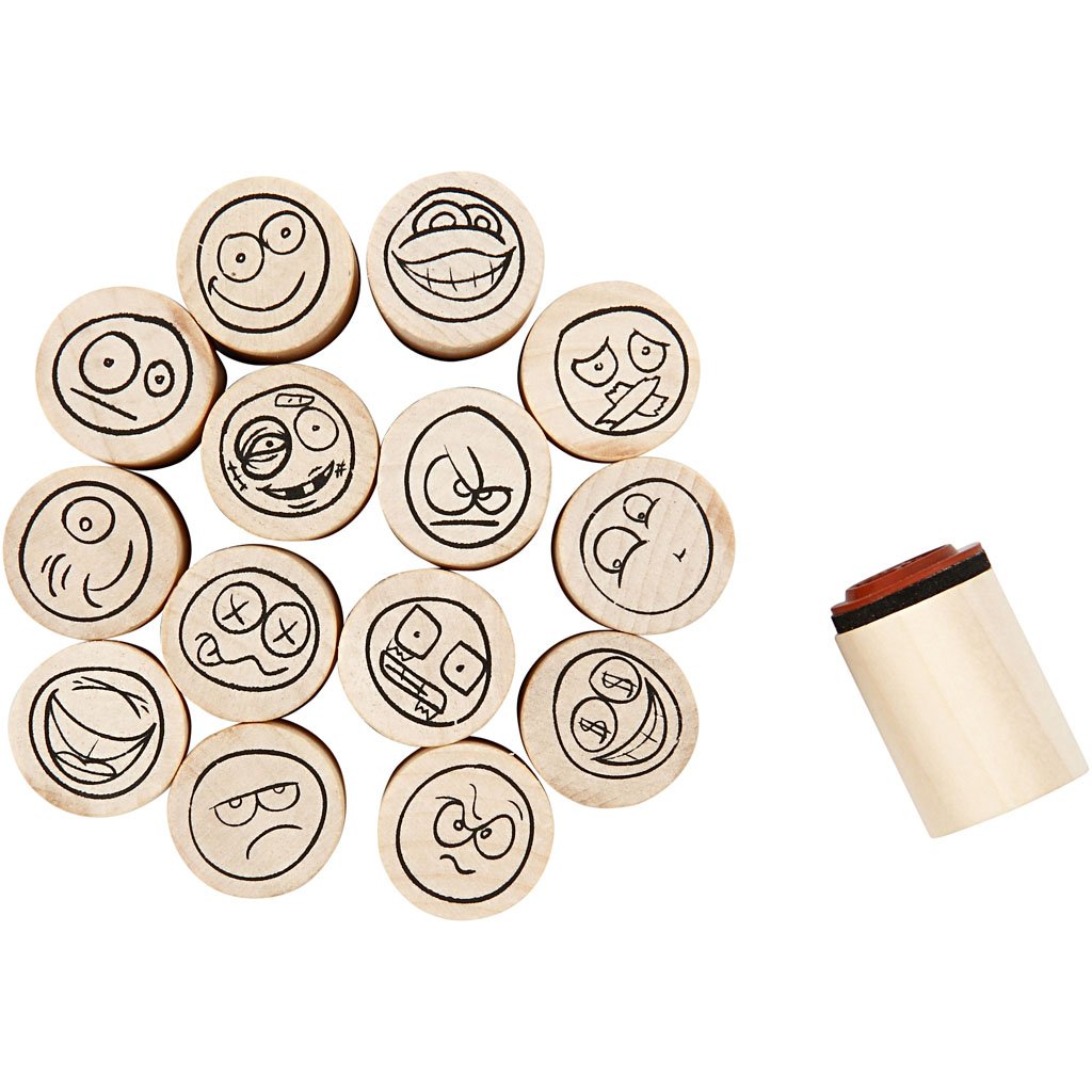 Creativ 28581 Stamp Set Smiley, 15 Pieces Assorted Ø 2 cm, Wooden Stamp motiv-stempel, Beige