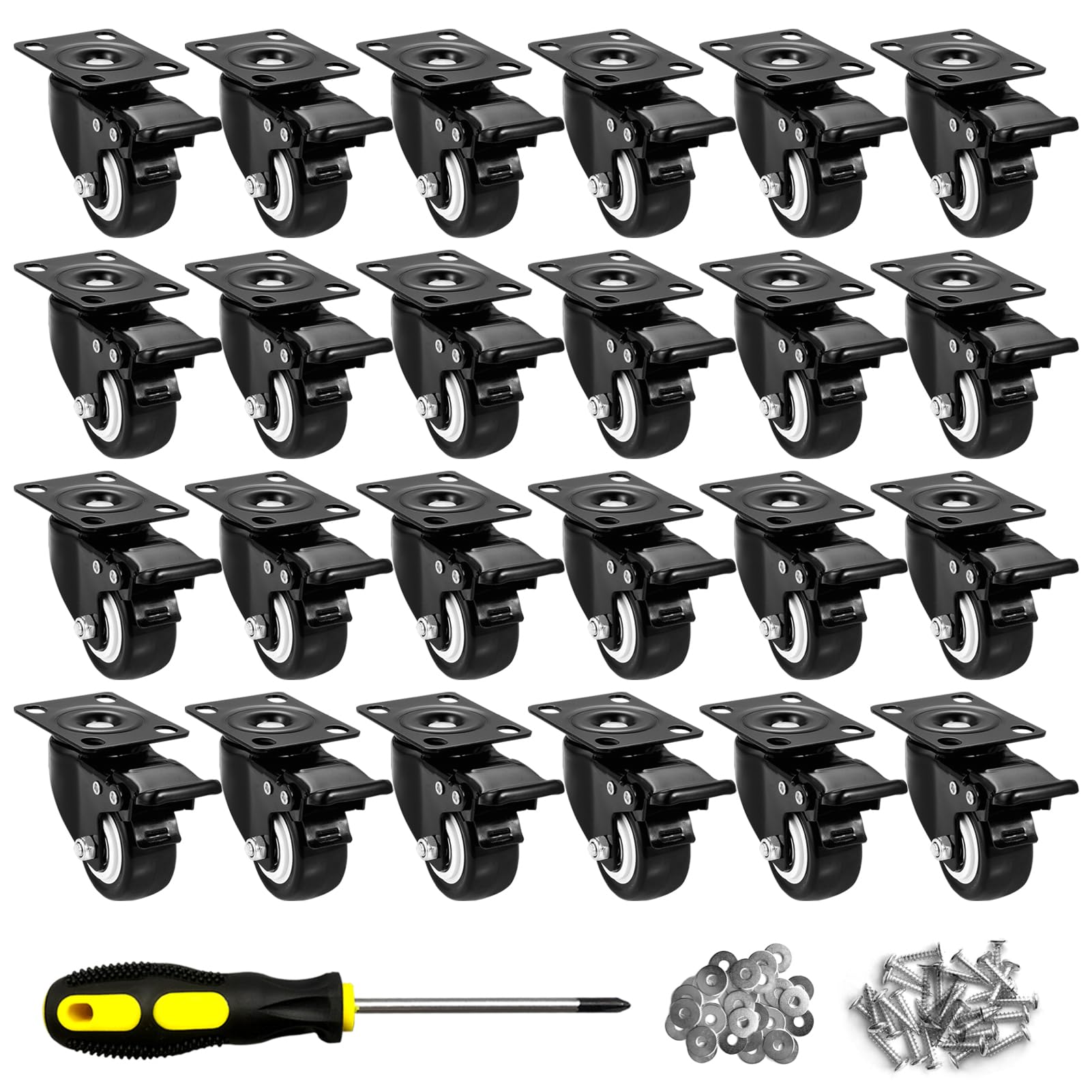 2" Caster Wheels Set of 24, Heavy Duty Casters with Brake, No Noise Locking Casters with Polyurethane (PU) Wheels, Swivel Plate Castors Pack of 24 Image