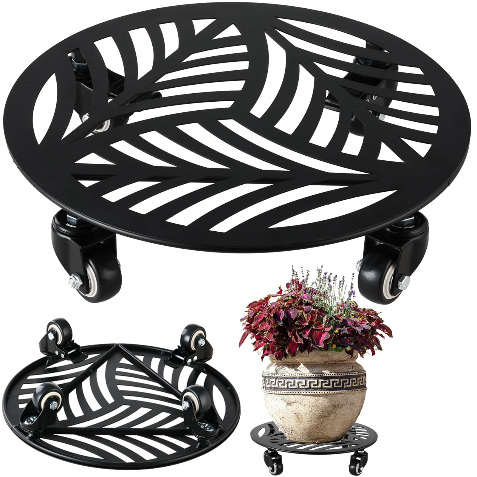 Photo 1 of 1 Pack Large Metal Plant Caddy with Wheels 13.6 Inches Heavy-duty Wrought Iron Rolling Plant Stand with Casters Indoor Outdoor Plant Roller Base Planter Movers Plant Dolly Coaster Trolley Black