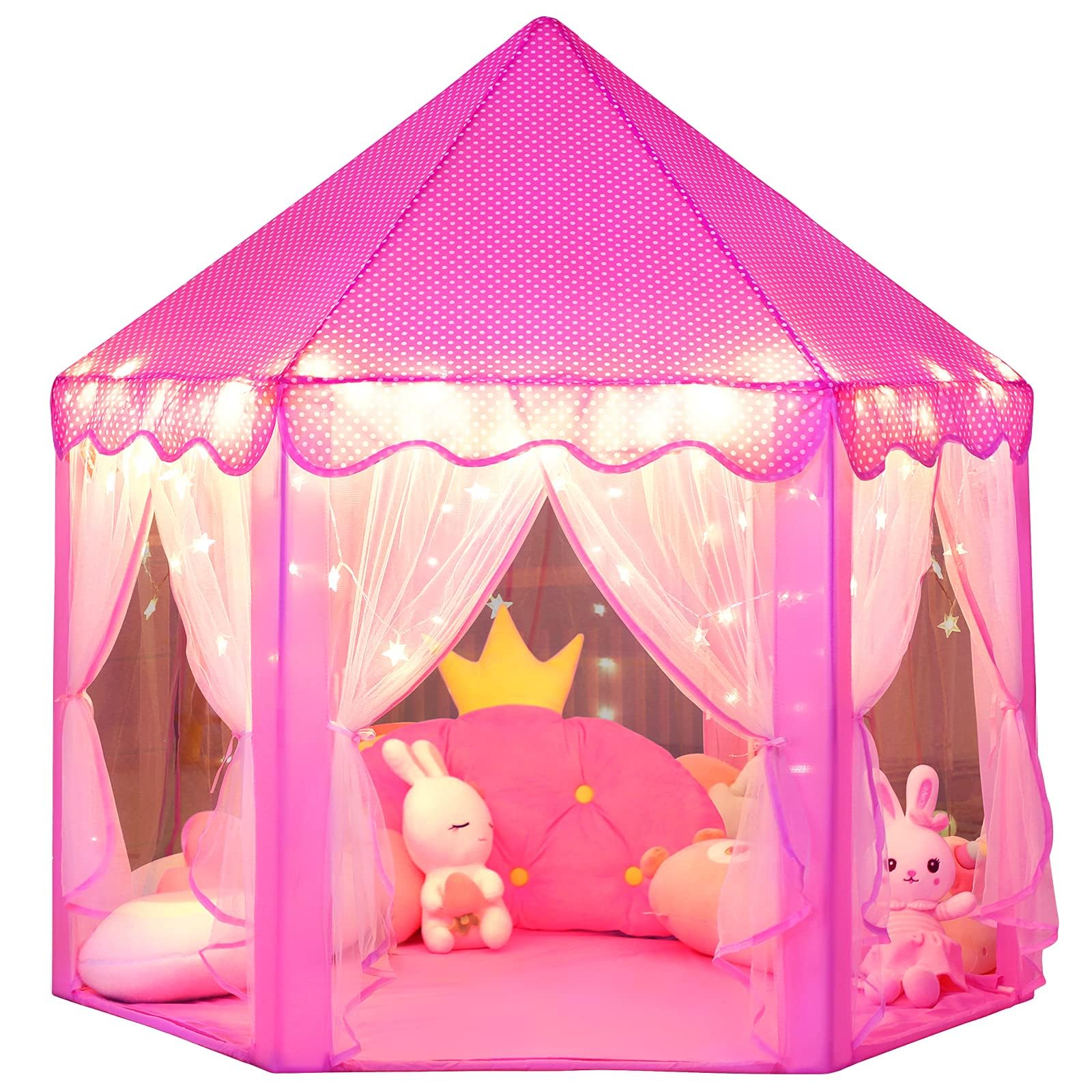 Photo 1 of wilwolfer Princess Castle Play Tent for Girls Large Kids Play Tents Hexagon Playhouse with Star Lights Toys for Children Indoor Games (Pink)