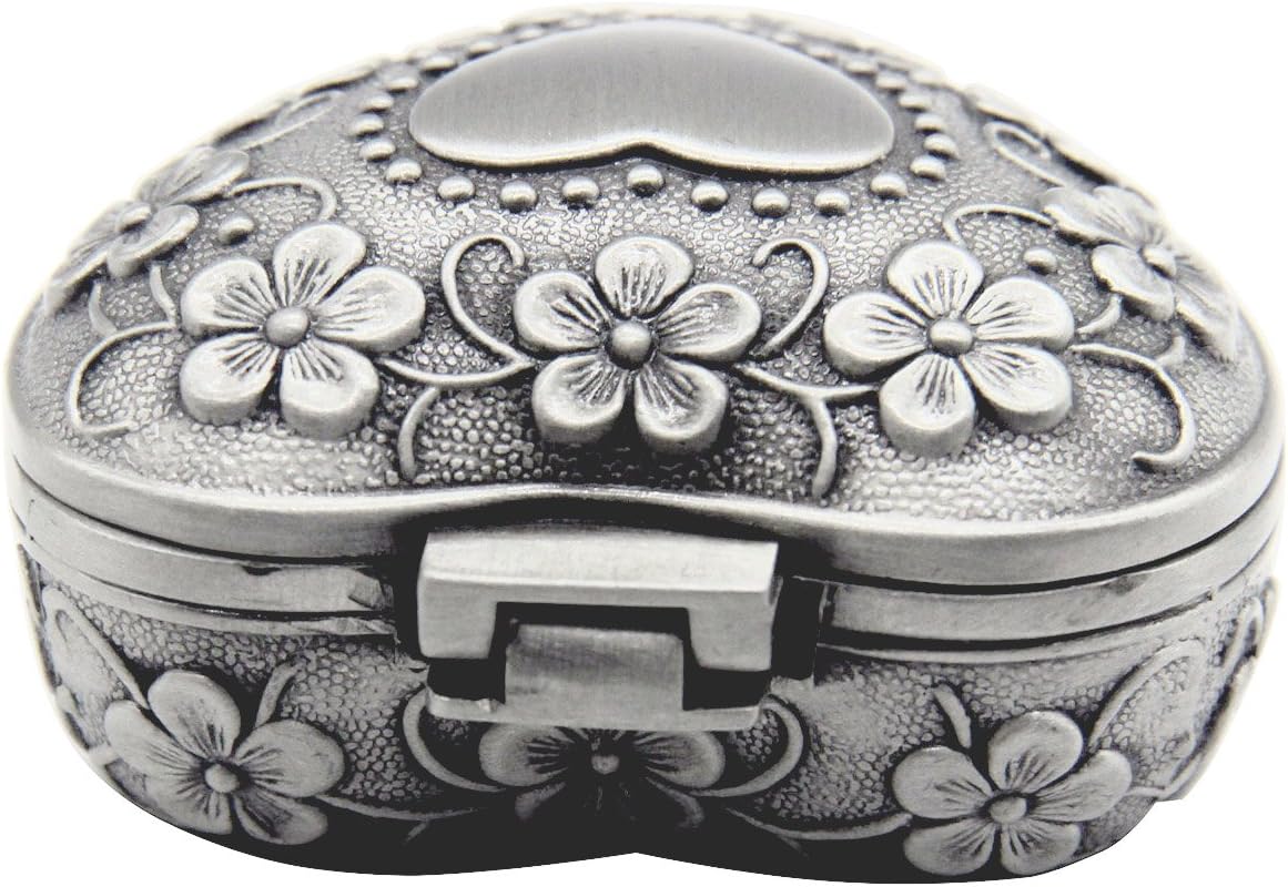 AVESON Classic Vintage Antique Heart Shape Jewelry Box Ring Small Trinket Jewellery Storage Organiser Chest Gift for Girls Ladies Silver - Image 5
