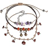 JeanBeau 3Pcs Boho Pottery Seed Beads String Anklets Set for Women Teen Cute Adjustable Waterproof Rope Vintage Handmade Stackable Beach Braided Bell Beaded Stone Bracelet ankle Friendship Summer Jewelry Friends Gift