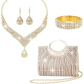 NIAN@WU 4pcs Ladies' wallet Luxury Crystal Rhinestone Jewelry Set with Necklace, Earrings, Bracelet and Evening Clutch Bag, Gold-Plated, Formal Wedding Party Collection Fine gift