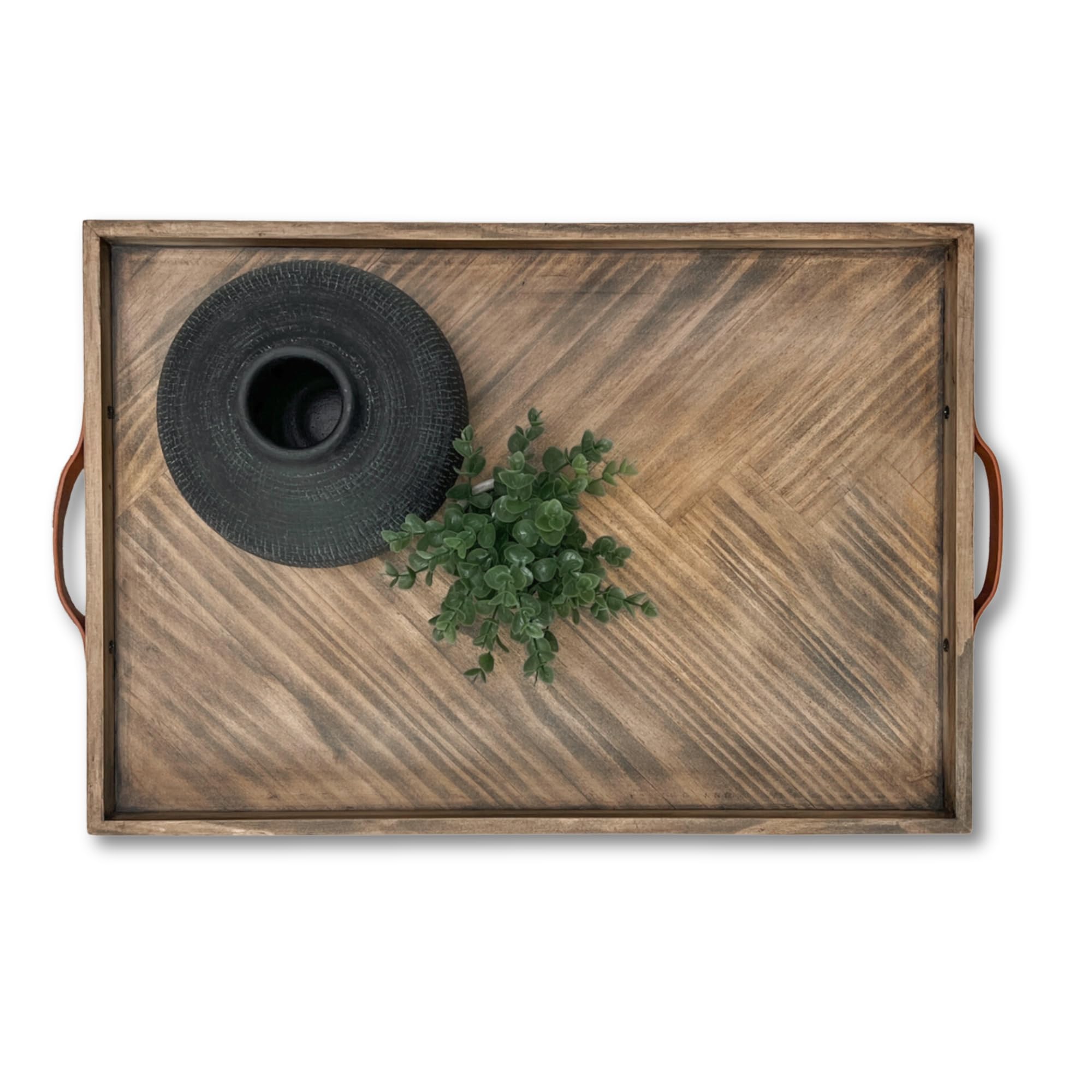 Photo 1 of Medium Ottoman Wood Serving Tray- with Leather Handle Decorative Wooden 24 * 16 * 1.5 Inches Square Serving Tray Best for Coffee Table, Living Room and Kitchen