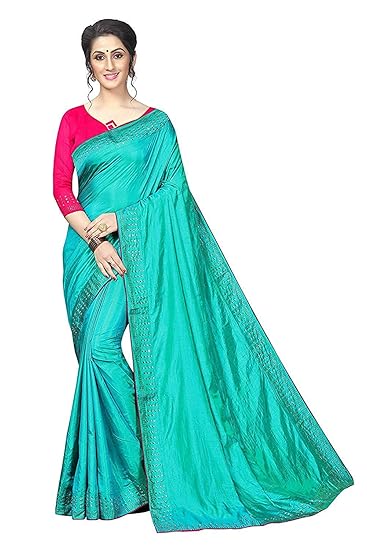 Market Magic World Womens Sana Silk Stone Studded Saree with Contrast Blouse