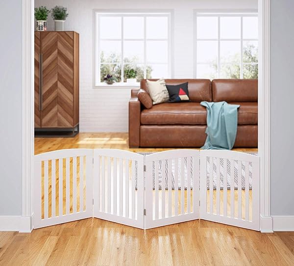 PAWLAND WOODEN FREESTANDING FOLDABLE PET GATE FOR DOGS, 24 INCH 4 PANELS STEP OVER FENCE, DOG GATE FOR THE HOUSE, DOORWAY, STAIRS, EXTRA WIDE (WHITE, 24″ HEIGHT-4 PANELS)