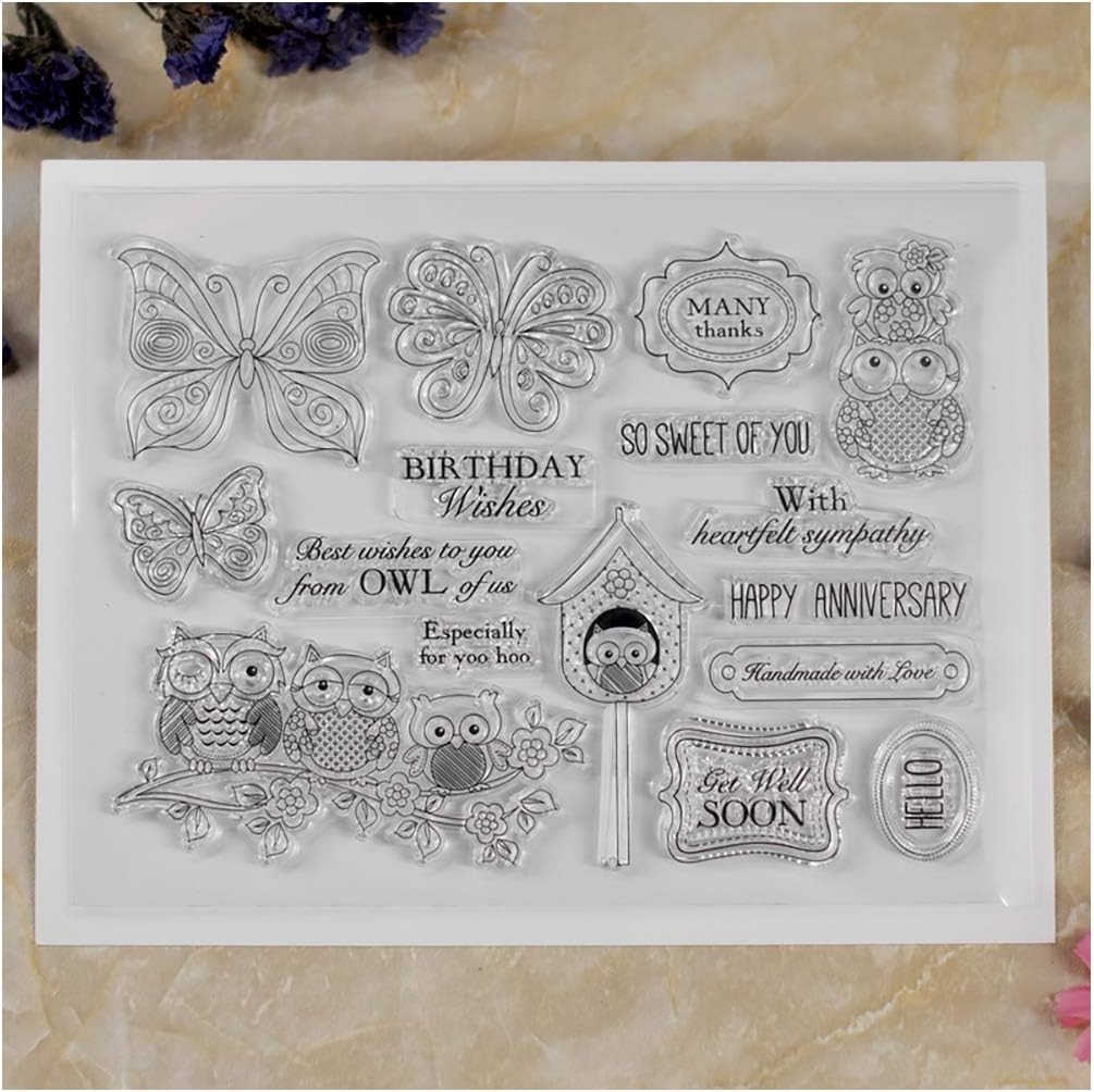 Kwan Crafts Birthday Wishes Happy Anniversary OWL Many Thanks Butterfly Clear Stamps for Card Making Decoration and DIY Scrapbooking