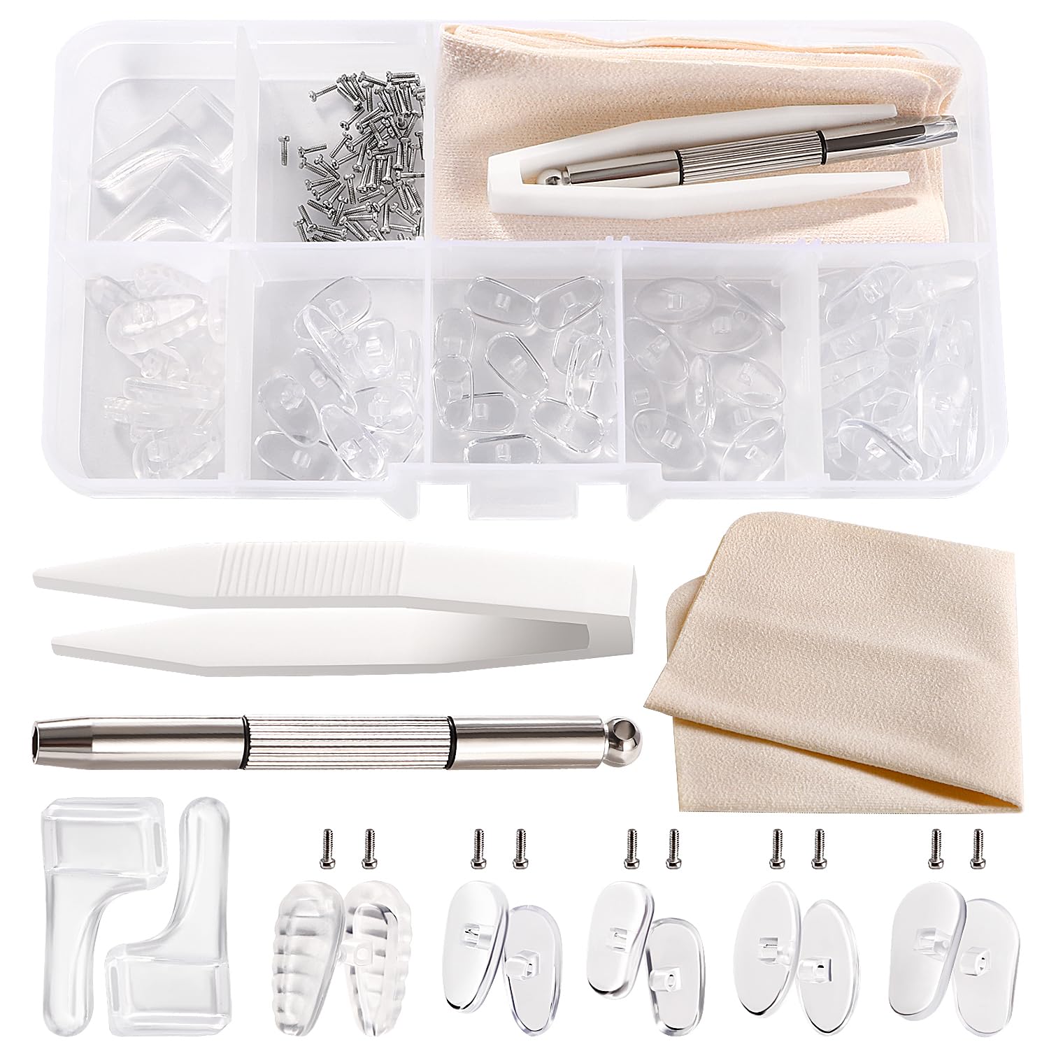 YIXISI 35 Pairs Glasses Nose Pads Kit, Eyeglass Nose Pads, Silicone Screw-in Nose Pads Glasses Repair Kit, with Screws Screwdriver Tweezers Cleaning Cloth, for Most Eyeglasses, No. 2