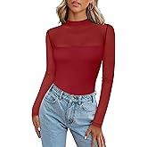 Zeagoo Long Sleeve Shirts for Women's Lace Tops Mesh Sheer Crew Neck Shirts Sexy Fall Going Out Blouse