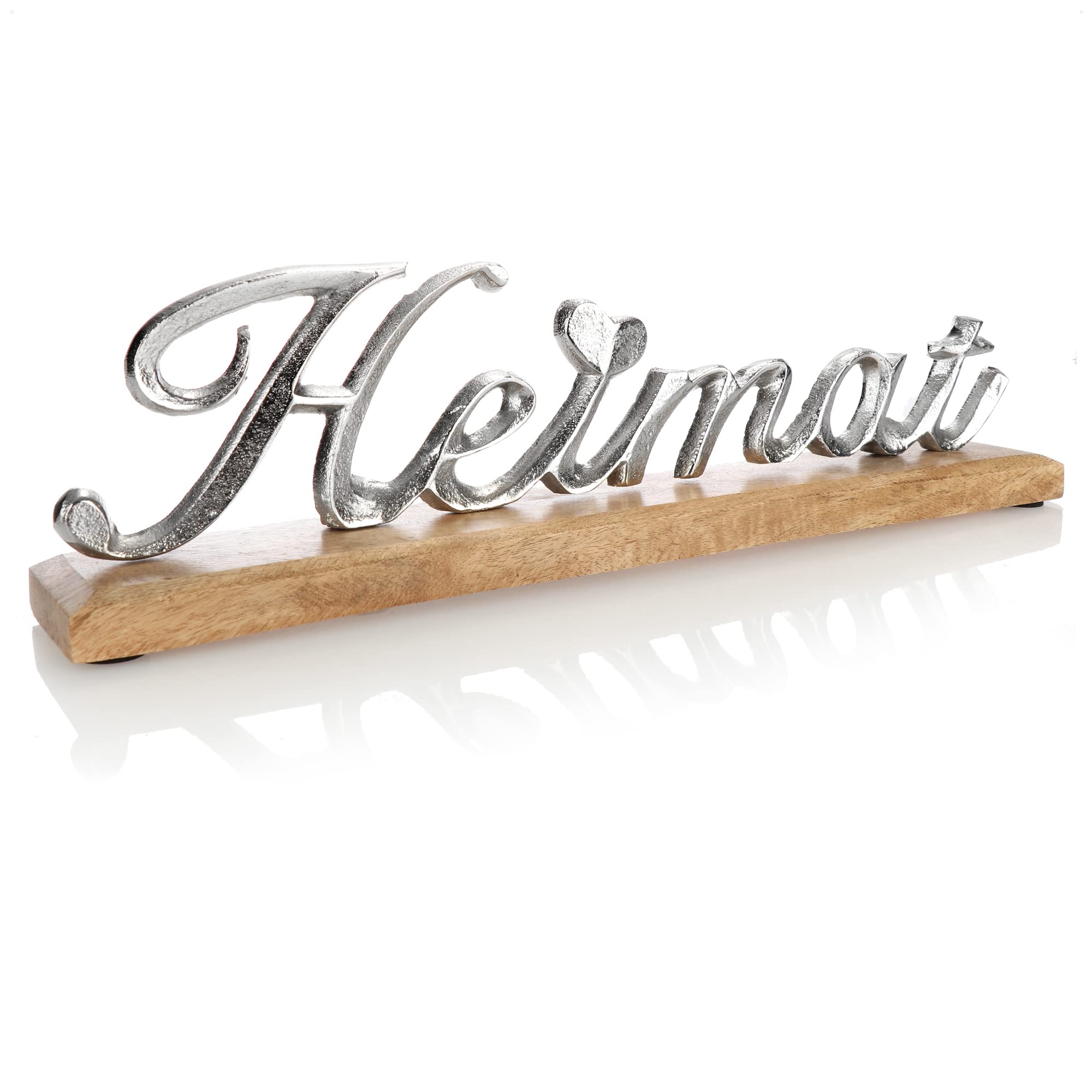 com-four® deco stand HEIMAT - lettering made of nickel-plated aluminum on a mango wood base - decorative lettering to put on (silver-colored - HOME)