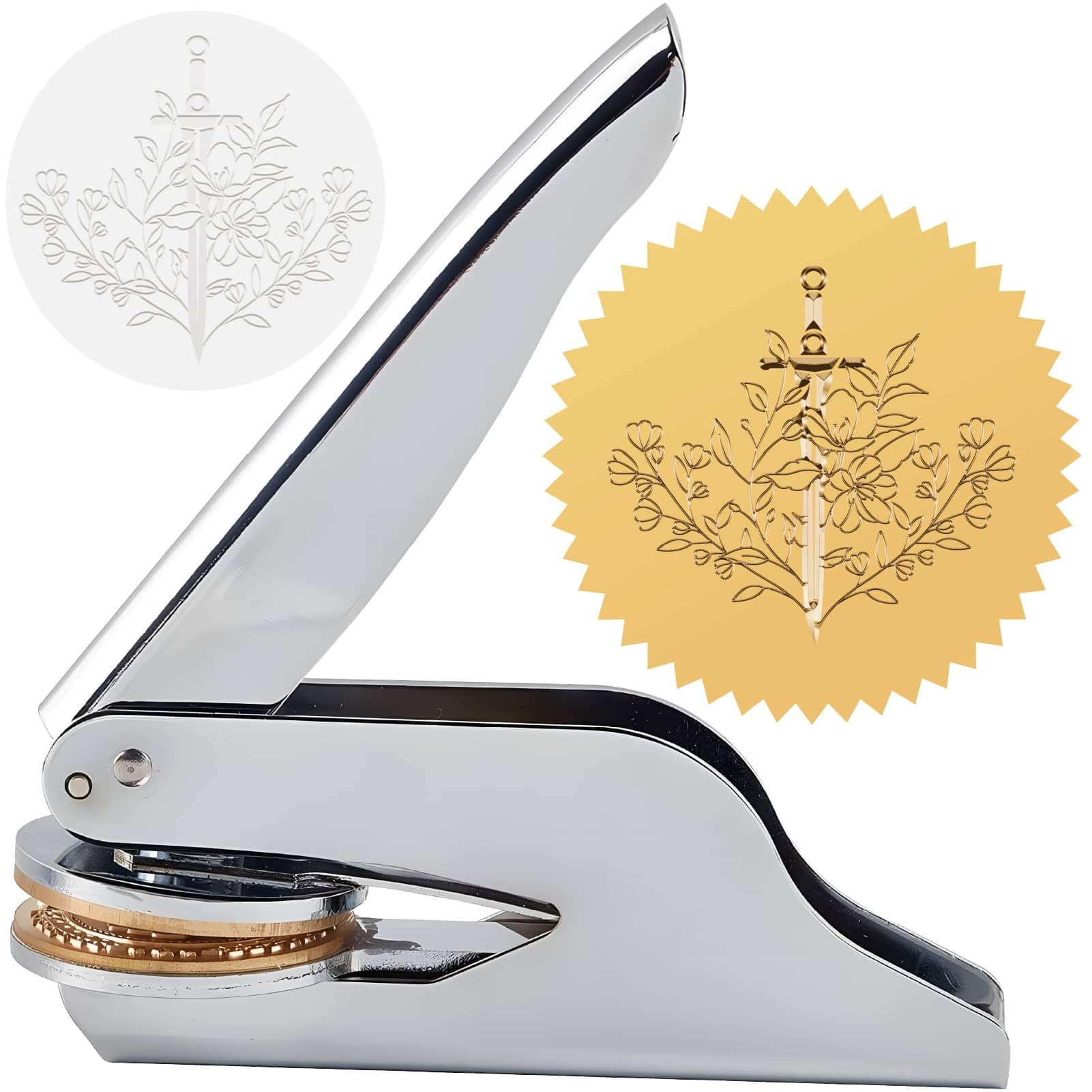 CRASPIRE Book Embosser Seal Stamp Sword and Flower Stainless Steel Library Stamp Hand Held Embossing Seal Notary Embosser with Plastic Box for Envelopes Napkins Paper Official