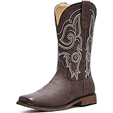 IUV Cowboy Boots For Women Square Toe Wide Western Boots Mid Calf Cowgirl Boots Pull On Fashion Embroidered Cowboy Boots