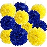 BRZIKWT 12 Pcs Navy Blue Yellow Tissue Paper Pom Poms for Party Ceiling Wall Hanging Tissue Flowers Decor (8 &10 & 12 inch)