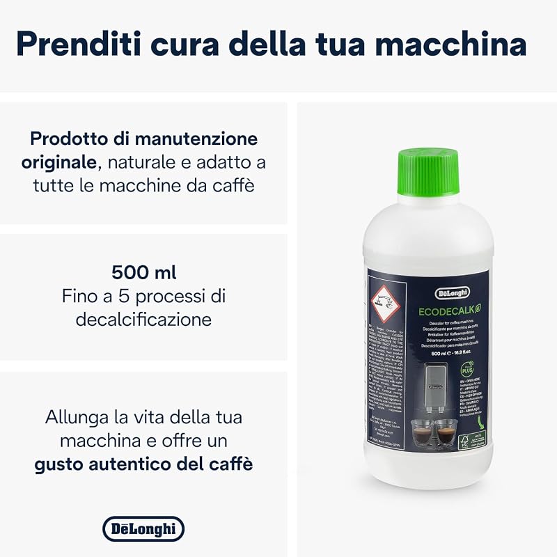 EcoDecalk Decalcificante DLSC500, 5 Dosi di Decalcificazione, Accessorio Manutenzione Macchina da Caffè, Ingredienti di Origine Vegetale, Bottiglia Con 5 Dosi, 500ml
