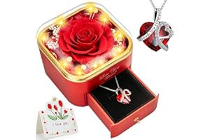 Lebana Preserved Red Real Rose with Heart Necklace -Eternal Flowers Rose Birthday Gifts for Women Wife Mom Girlfriend Grandma Gifts Idea on Christmas Valentines Mothers Day for Her-Red