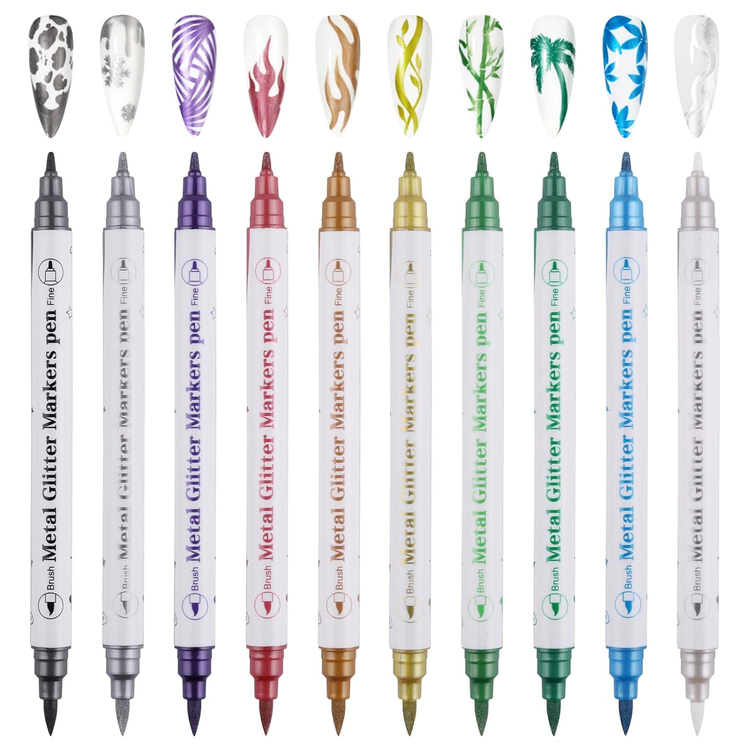 Photo 1 of 10 Color Metal Giltter 3D Nail Art Pens Set, Kalolary Double-ended Nail Point Graffiti Dotting Pen Drawing Painting Liner Brush for DIY Nail Art Beauty Adorn Manicure Tools(G)