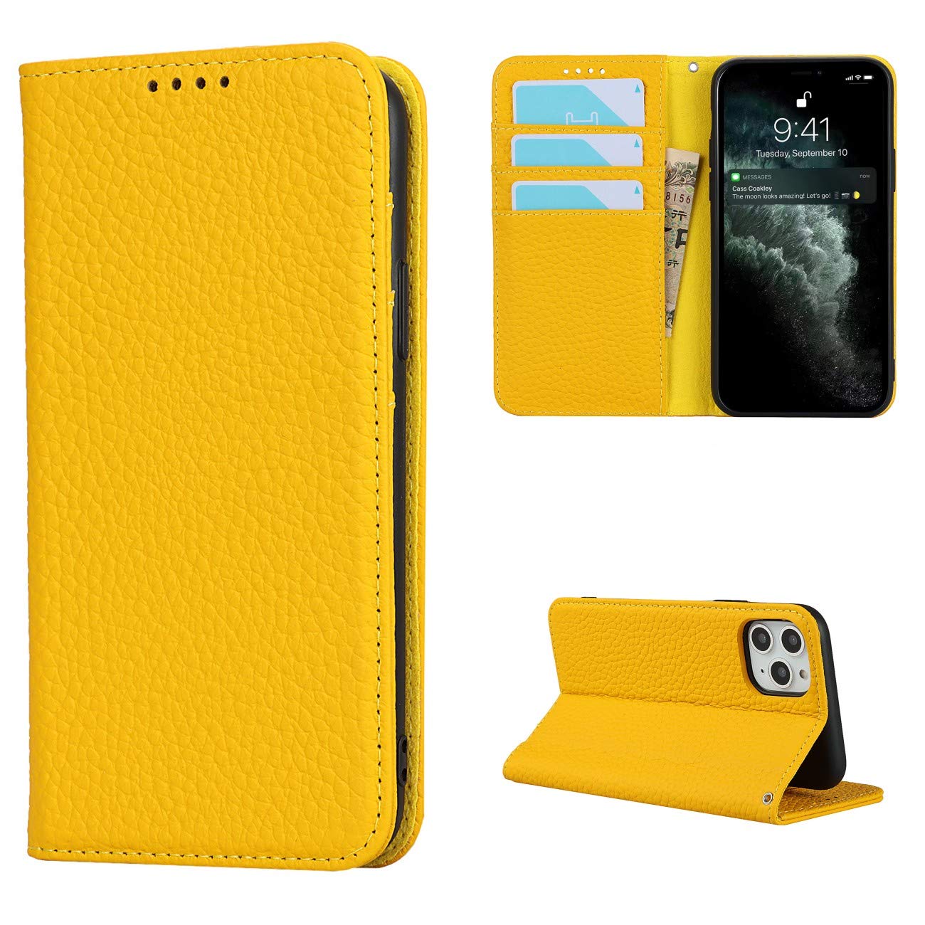 Copmob Phone Case iPhone 11 Pro Max,Flip Genuine Leather Wallet Case,[4 Slots][Magnetic closure][With Lanyard],Protective Cover Case for iPhone 11 Pro Max - Yellow