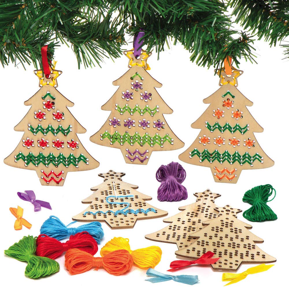 Baker Ross AX424 Christmas Tree Wooden Cross Stitch Kit - Pack of 5, Tree Decorations, Kids Arts and Crafts Activity, Xmas Craft Pack