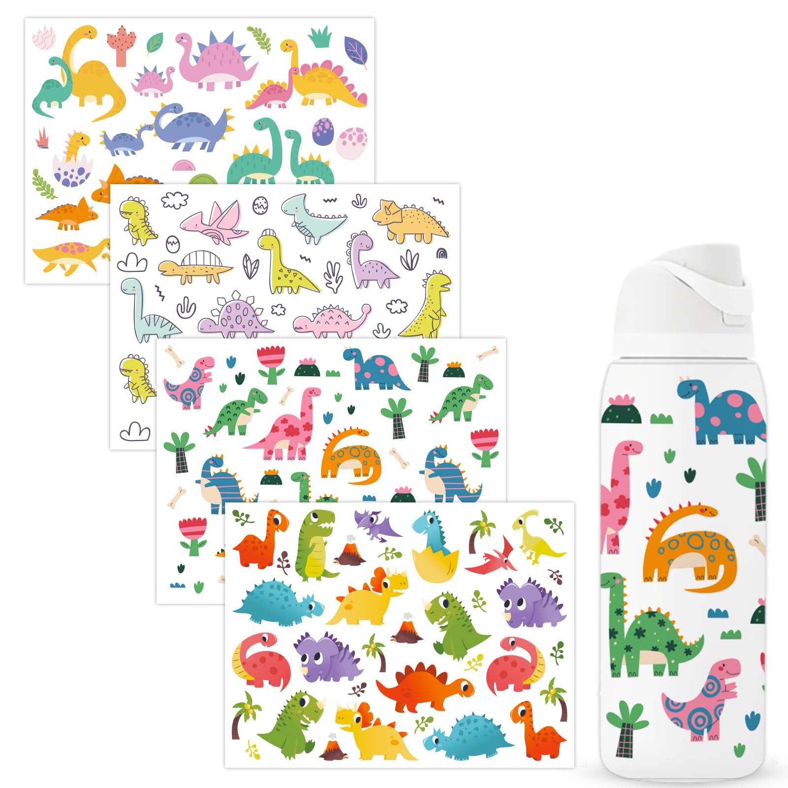 BOXOB 4 Sheets Dinosaur Stickers for Owala Bottle, Colorful Dinosaur Decals Transfer Stickers for Owala Water Bottles Glass Cups Accessories Fun Kids Craft Decal Decorate