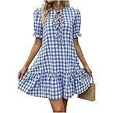Floerns Women's Summer Puff Sleeve Gingham Ruffle Dress Tie Front Flared Short Dresses