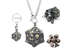 Haxtec Mini Metal DND Dice Set with Hollow Necklace Dice Case Antique Tiny Metal Dice Set D&D Keychain Portable 7PCS Dice Set