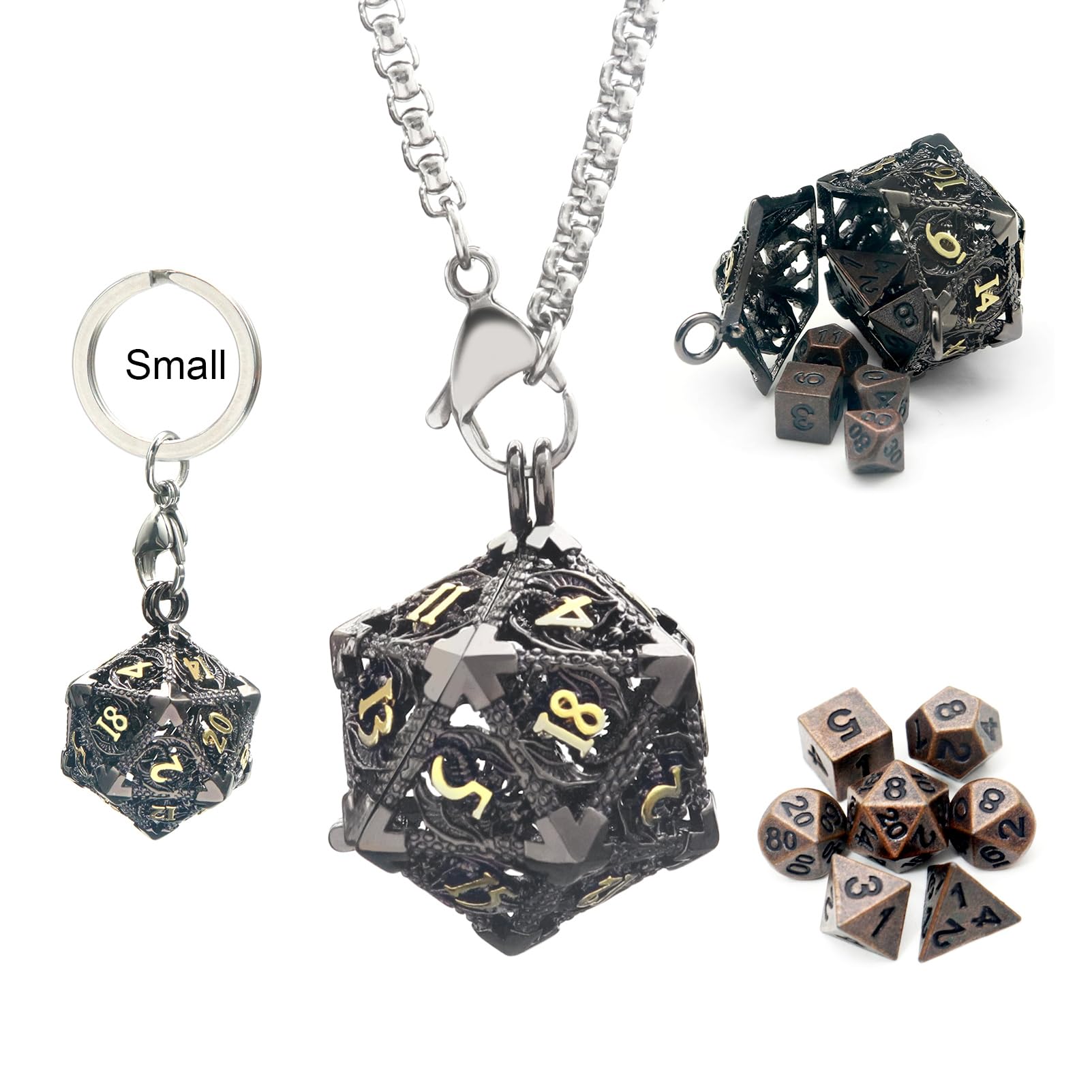 Haxtec Mini Metal DND Dice Set With Black Gold Hollow D20 Necklace Case - Antique Tiny Copper D&D Keychain Portable 7PCS Set — image 1
