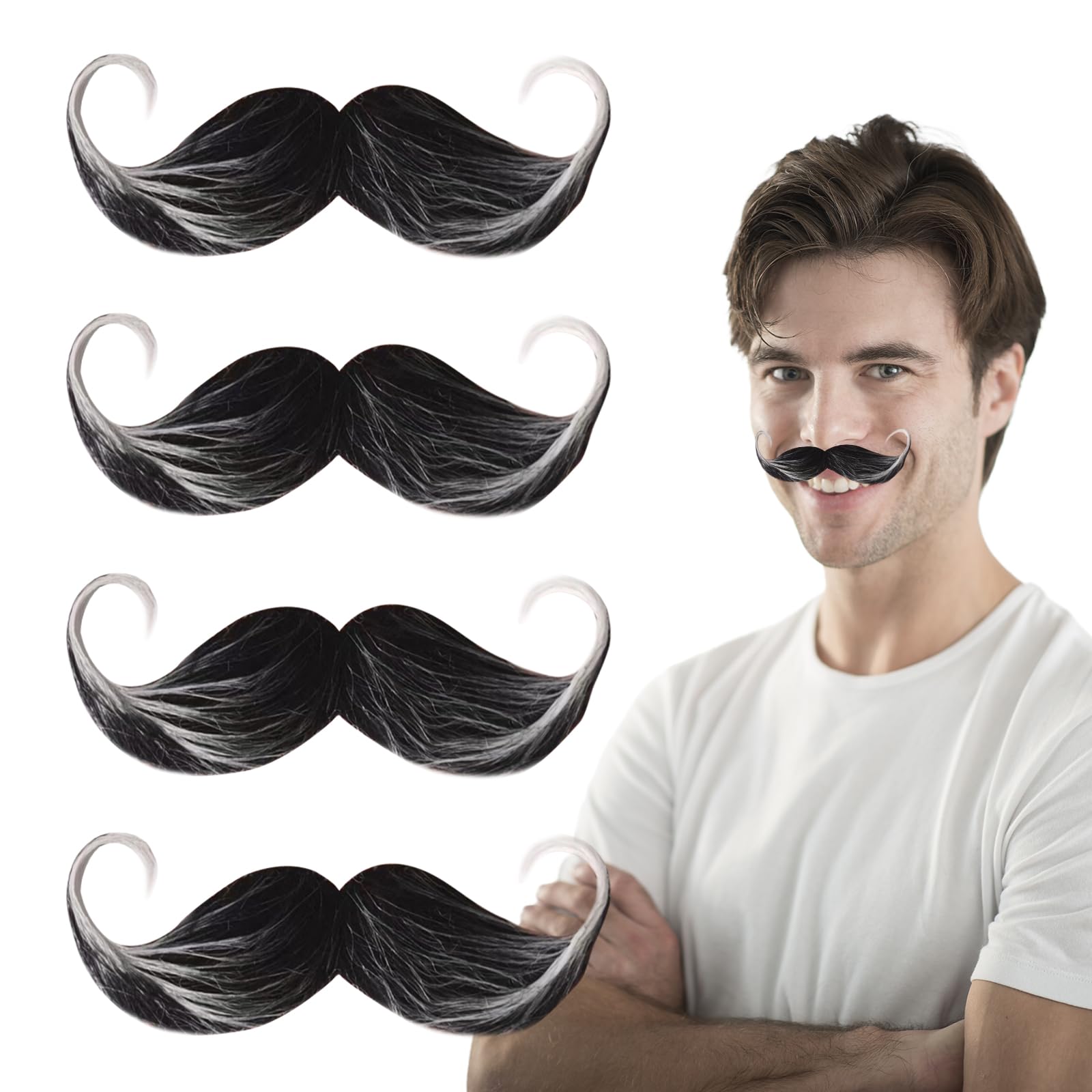 TUONYIS 4 Pcs Halloween Fake Beards, Fake Mustaches Self Adhesive Curly Fancy Dress Moustache, Novelty Costume Fake Facial Hair, Old Man Detective Moustache, for Masquerade, Christmas Party (Black)