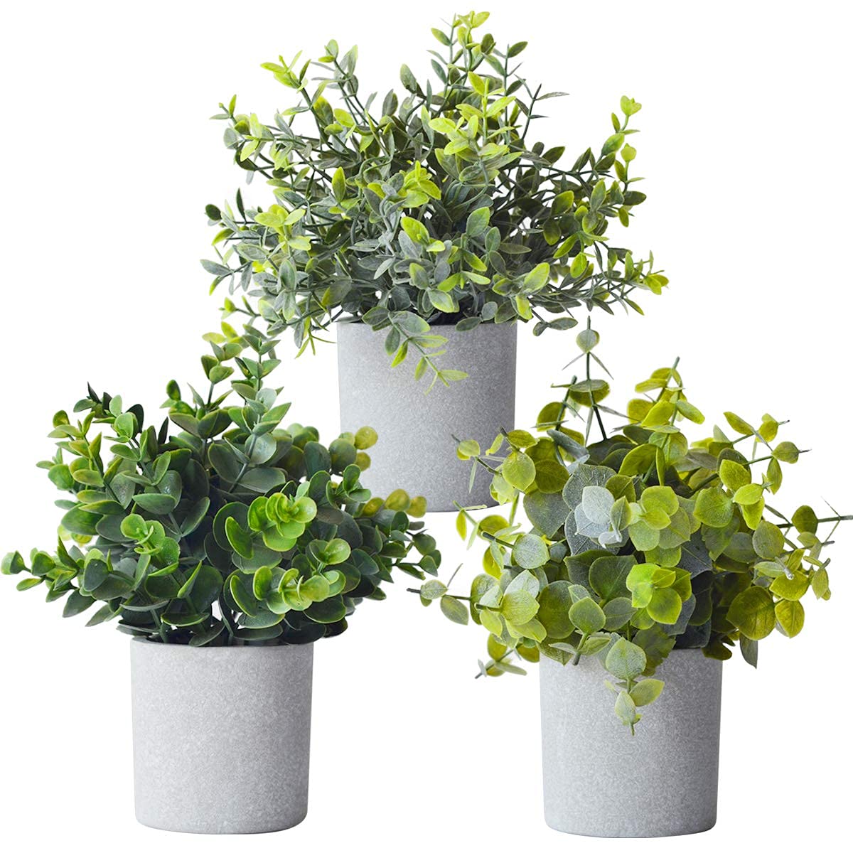 Mr.Bom Mini Potted Artificial Plants Fake Desk Plants Fake Small Eucalyptus Greenery Plastic Faux Plants in Pots Artificial Plants indoor Decoration (set of 3)