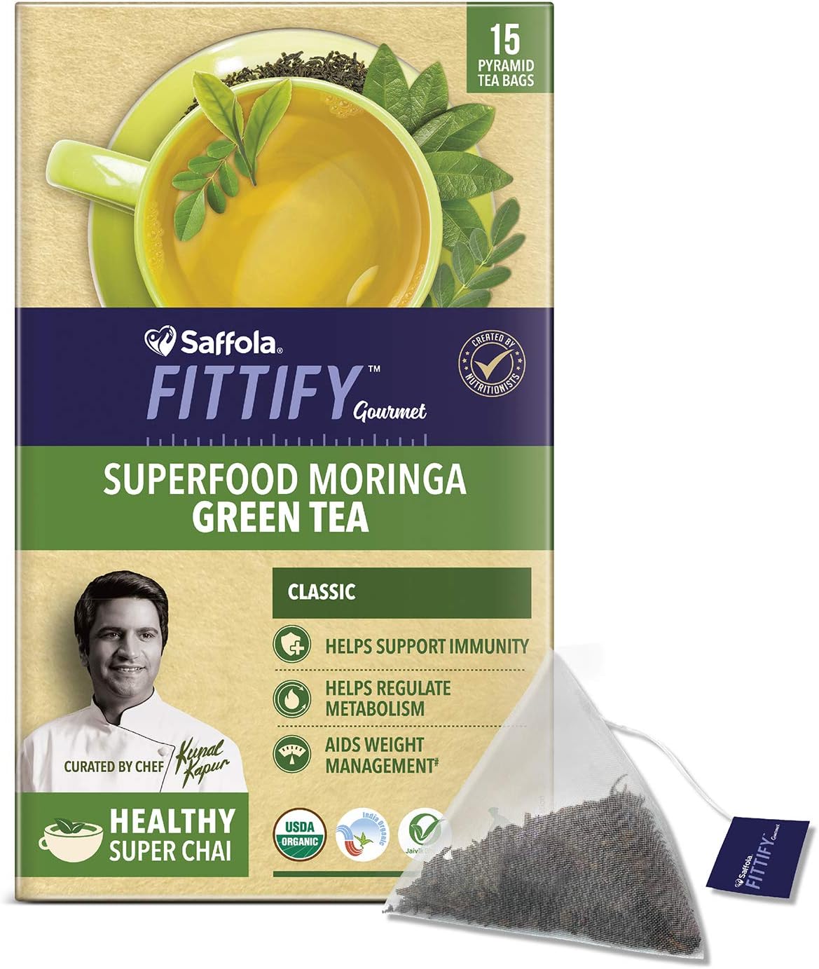 Saffola FITTIFY Gourmet Superfood Moringa Green Tea - 37.5 grams net (Classic, 15 Sachets pack) - India - Vegetarian