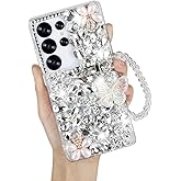 Omio Compatible with Samsung Galaxy S25 Ultra Bling Case with Hand Chain Strap Cute Butterfly Bracelet 3D Handmade Sparkle Glitter Crystal Bling Diamond Hard PC Phone Case for Women Girls White
