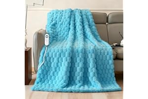 EASTSORA Electric Heated Blanket Throw 50" x 60" Soft Ribbed Faux Fur Flannel Fast Heating 12 Heat Levels 1–12H Timer & Overheat Protection & Auto Shut-Off & ETL FCC & Machine Washable Heated Throw (Sky Blue)