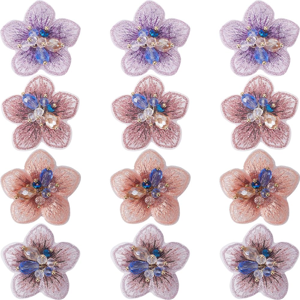 GORGECRAFT 12Pcs 4 Colors Beaded Flower Applique 3D Floral Sew on Patches Decorative Embroidered Lace Patch Fabric for Jeans Jackets Clothing Scrapbooking Shoes Backpack DIY Crafts