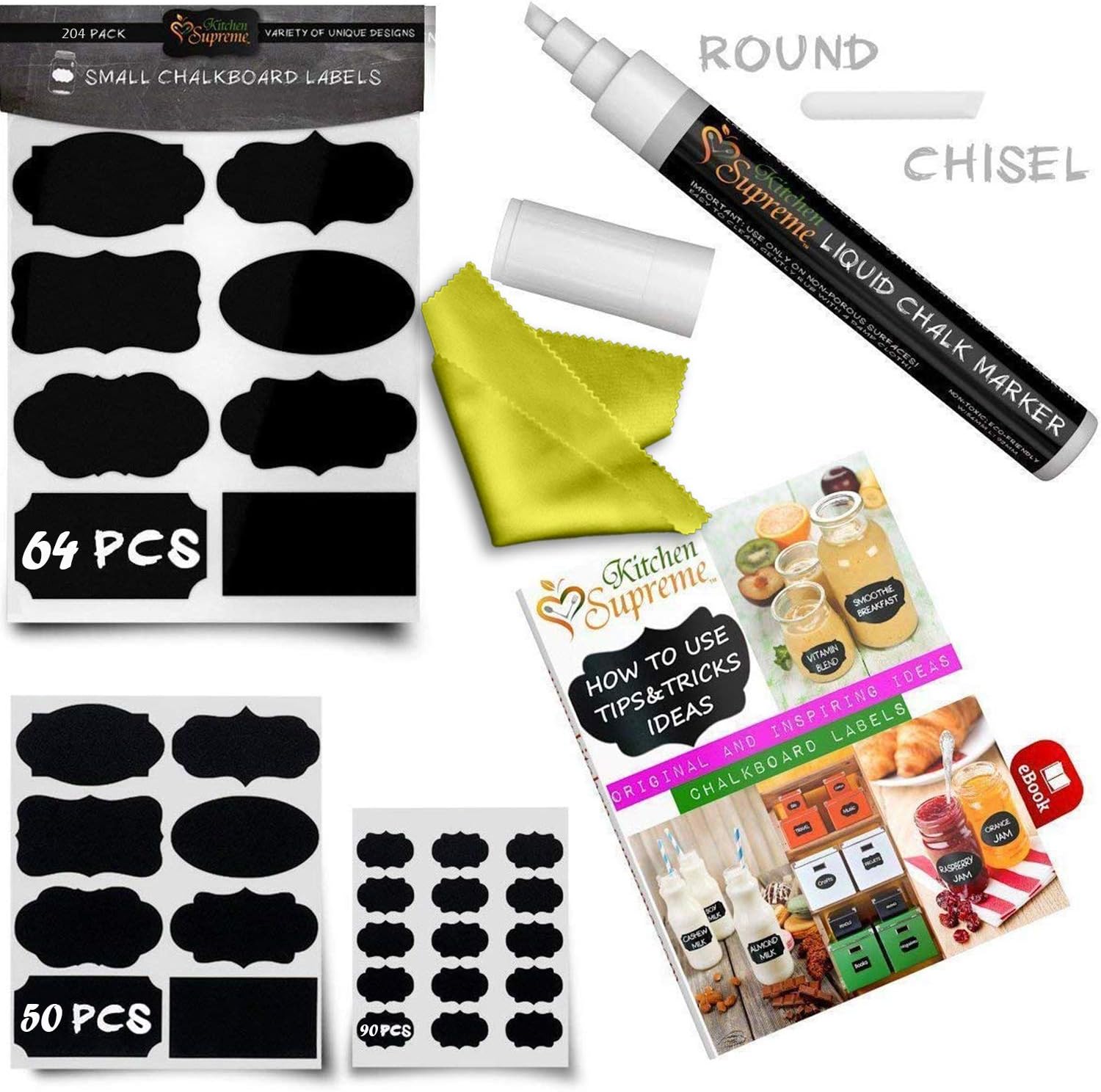Chalkboard Labels Stickers for Storage Bins - PREMIUM 204 Sticker Bundle + Chalk Marker & Cleaning Cloth - Decorate your Bins, Container or Mason Jars in Style with Removable Tags for Kitchen & Office : Office Products