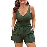 Plus Size Swim Romper Women One Piece Swimsuit Tummy Control Bathing Suit Modest Full Coverage Swimwear with Shorts Pockets