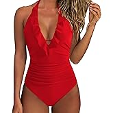 SUUKSESS Women Sexy Halter One Piece Swimsuits Ruffle Tummy Control Bathing Suit