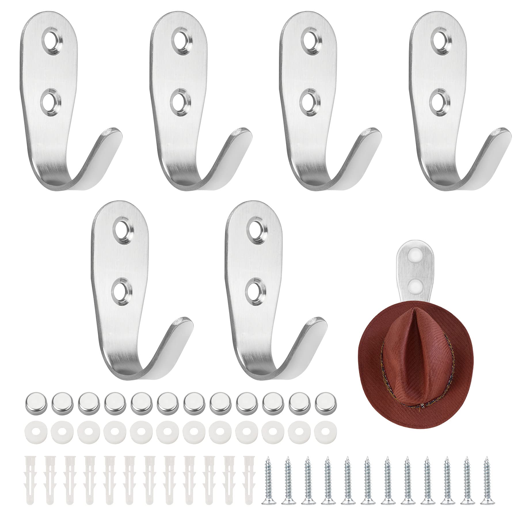 YSDMY 6 Pcs Wall Mounted Coat Hooks, Brushed Stainless Steel J Shape Heavy Duty Hooks, for Door in Bedroom Kitchen Bathroom
