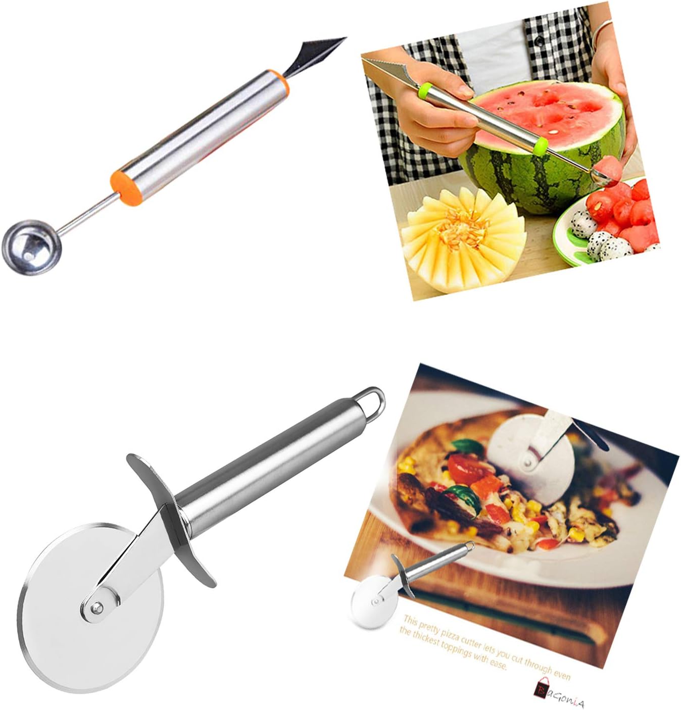 Bagonia | Special Offer | 2 in 1 Melon Baller, Fruit Carving Knife with Free Pizza and Pastry Cutter with Stainless Steel Cutting Wheel (Colour May Vary) (Buy 1 Get Pizza Cutter Free)