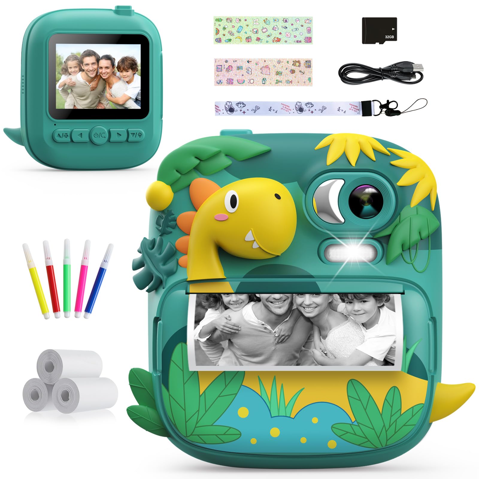 Photo 1 of Kids Camera Instant Print, CAMCLID 2.4 Inch Screen Camera for Kids Dinosaur Children Digital Camera with 32GB Card & 3 Rolls Paper, Christmas Birthday Gift Toys for Boys Girls 3-12 Age (Green)